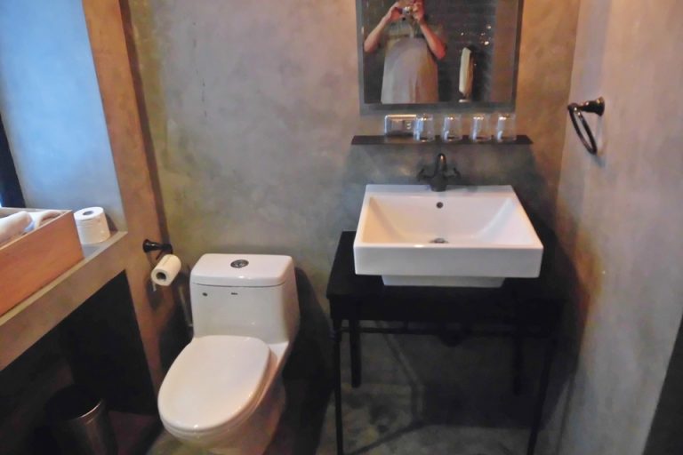 バスルームの一方には洗面台とトイレが