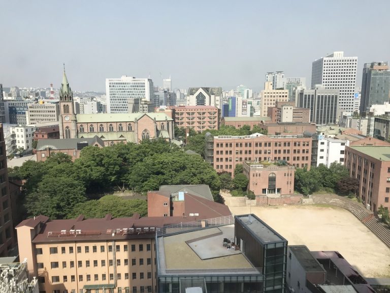 部屋の窓からの景色です。14階でしたが、明洞の街を見る事が出来ます