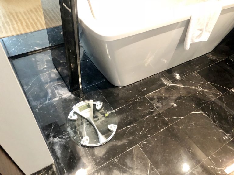 バスルームには体重計あり。買い物して増えた荷物もこれで重さを測ったりしました。