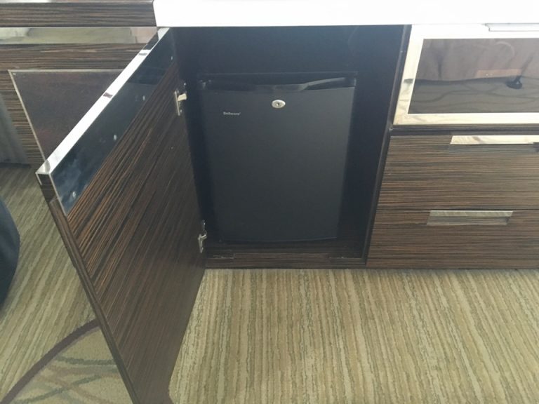 冷蔵庫。テレビ台の扉を開けるとあります