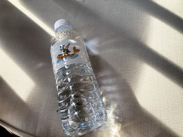 専用シャトルボートで配られるお水もペニンシュラのマーク入り