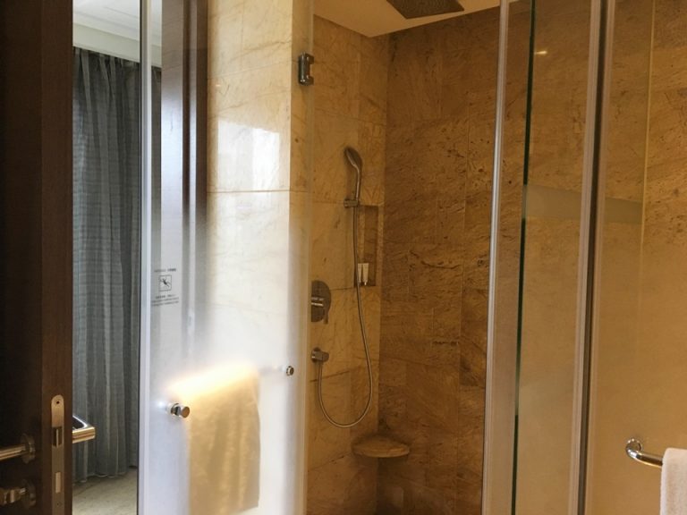 シャワーブース。シャンプー、コンディショナー、ボディーシャンプーはこちらに置いてあります。ハーブの香りに癒されます。レインシャワーも付いていますが、お湯の落ち方がまばらです。