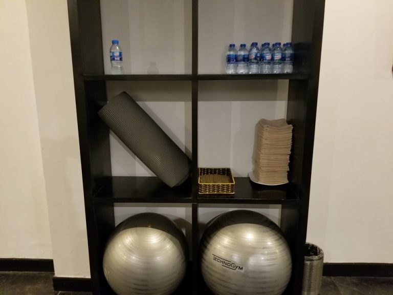 水やタオルも自由に使えます。バランスボール、ヨガマットもありました!