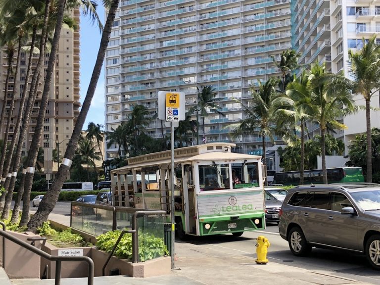 アラモアナブルーバード側のエントランスを出て右手に歩くと各社のトロリーが止まる停留所があり便利です。