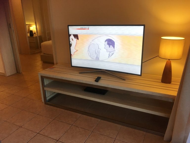 ソファ側から見たテレビ。かなり薄型のスタイリッシュなテレビでした。