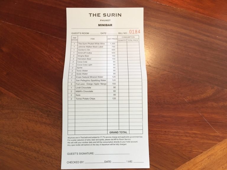 ミニバーの料金表