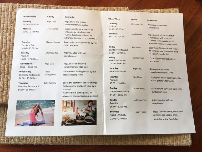 アクティビティリスト。時期により変更になることもあるようですが、毎日何かしら催しものがあります