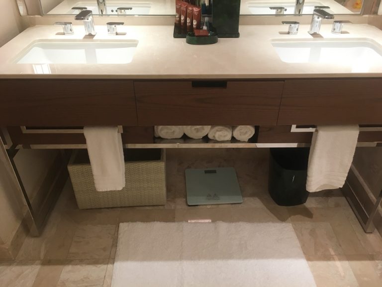 2台並んだ洗面台。下にはタオルなど。