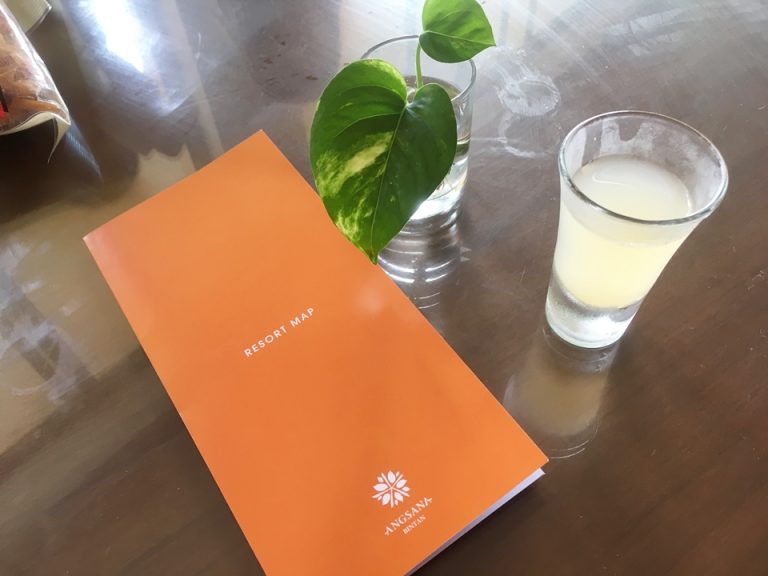 チェックイン時にいただいた館内マップとウェルカムドリンク。ハニーレモンのような味わいでした。