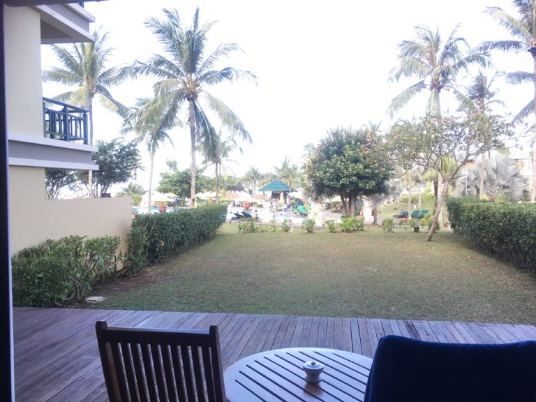 窓から見える景色。庭のその先にはプールがあり、窓からプールへ遊びに行けるようになっていました。