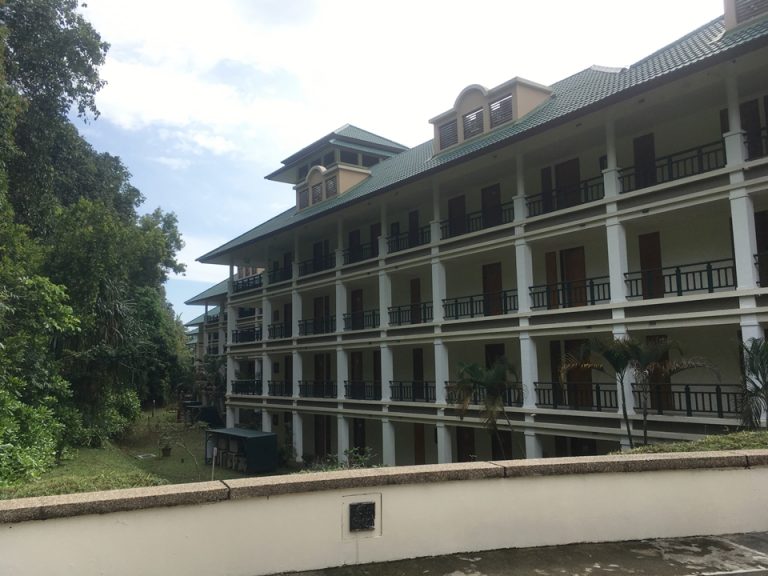 エントランス外から見たホテル外観。向かい側はすぐに林なので、秘境感たっぷりです。