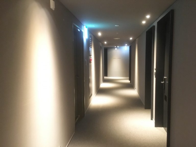 部屋までの廊下。少し暗めで落ち着いています。