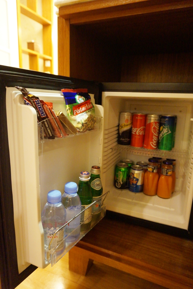 冷蔵庫内は有料。ちょっと現地価格よりも高めですがなかみは充実