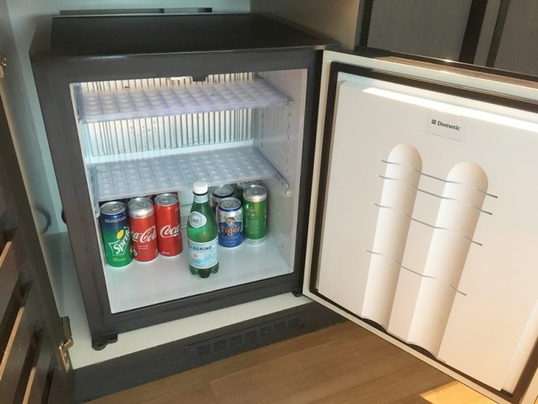 冷蔵庫を開けた状態。コーラ、コーラライト、スプライトは無料でした。