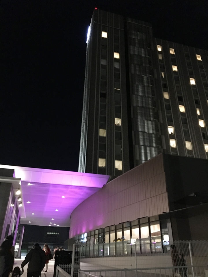 建物外観 夜は紫色に光っていました