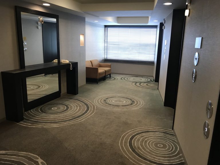 客室階のエレベーターホール。外が見えます