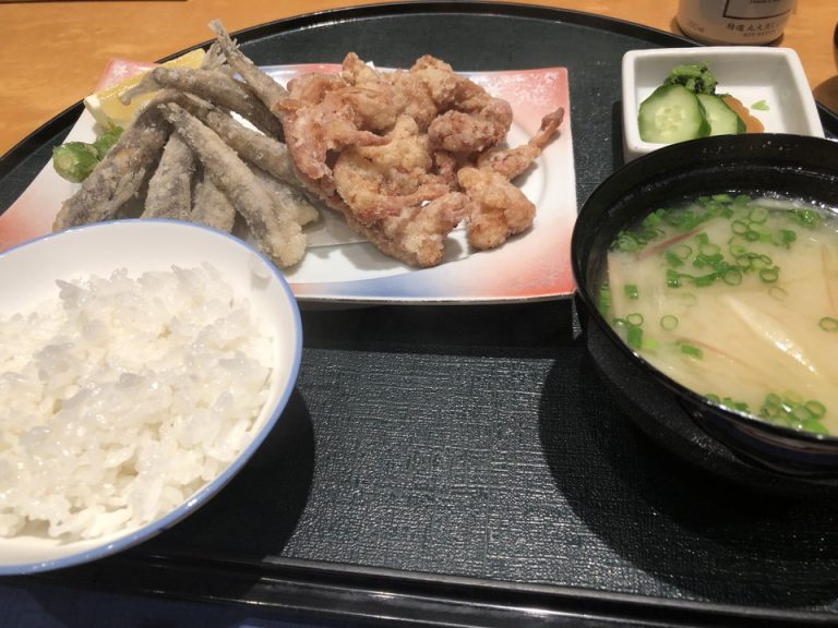 キビナゴと宮崎産鶏の唐揚げ定食 デザート付き(夕食)