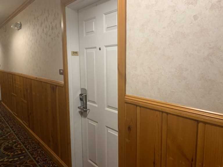 客室の前です。カードキーは2枚渡されました。プールやジムがあるので、2枚あるのは便利だと思います。