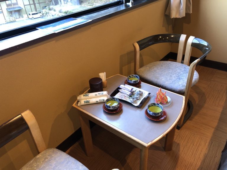 窓前椅子お茶、菓子