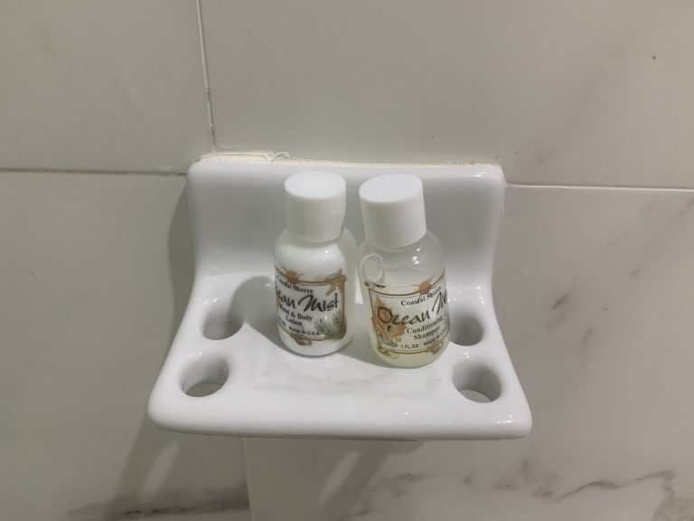 アメニティ。コンディショナー入りシャンプーとボディクリームのアメニティでした。予約サイトにはドライヤーの設置があると書いてありましたが、私が宿泊した部屋にはついていませんでした。