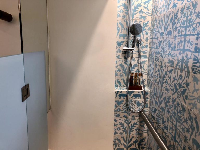 天井のシャワーとは別に手持ちのシャワーもあります。アメニティはシャンプー、コンディショナー、ボディーソープです。