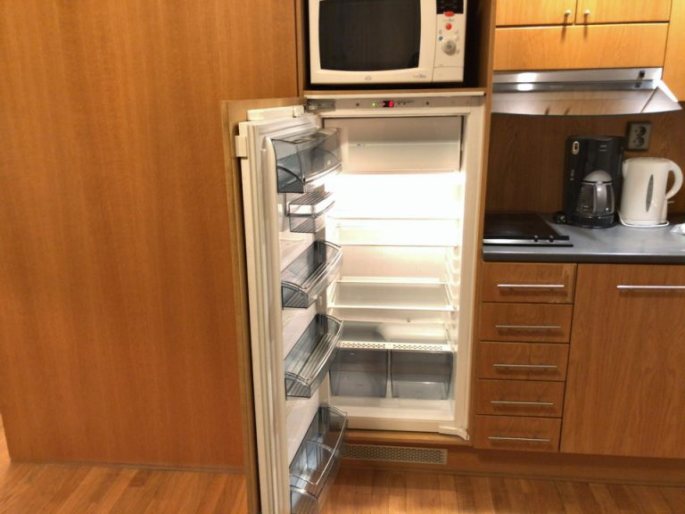 冷蔵庫(開けた状態、上に小さな冷凍庫付き)