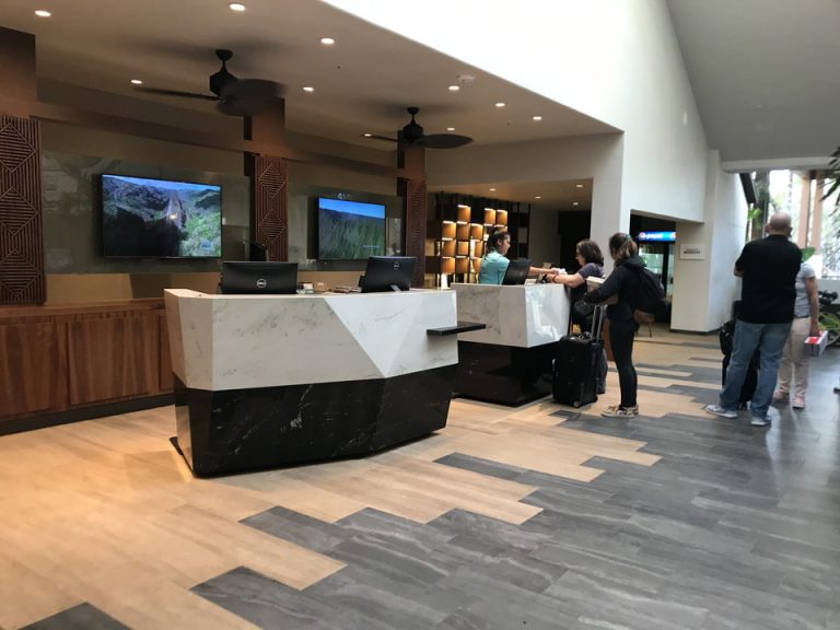 チェックインカウンター、この時はひとりで対応していた為2