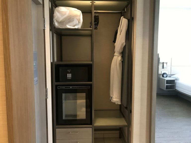 入り口扉を開けてすぐには冷蔵庫やクローゼットがビルトインされていましたそこにはガウンもありました