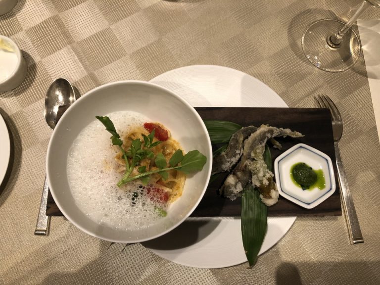 ディナーコース4.稚鮎と蛤のスパゲティーイタリア産カラスミ添え