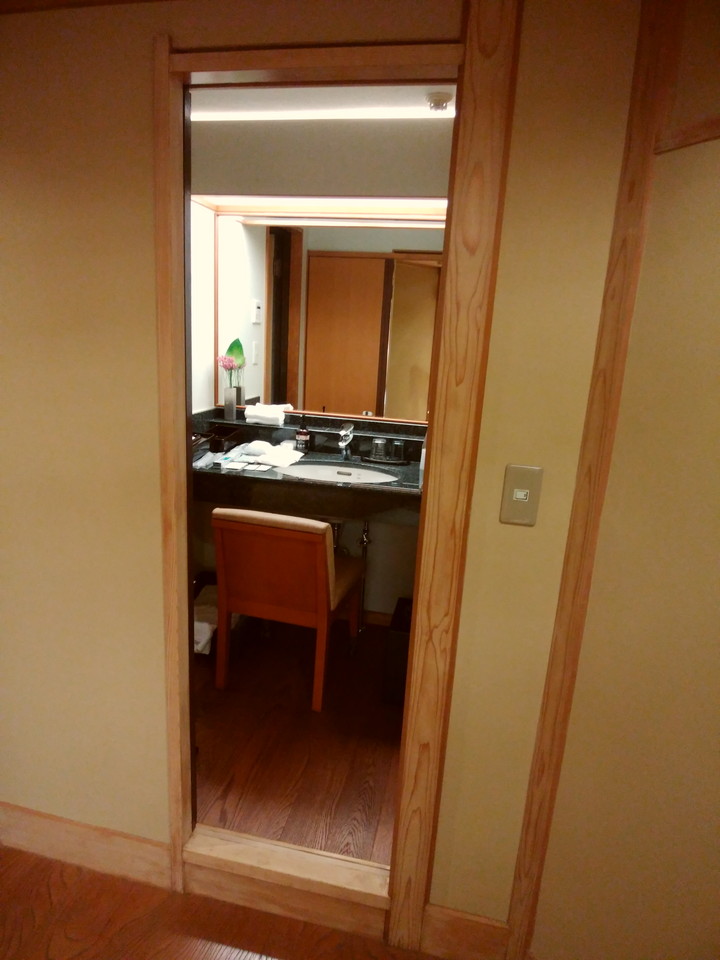 間口控え目な洗面台からシャワー室への入口