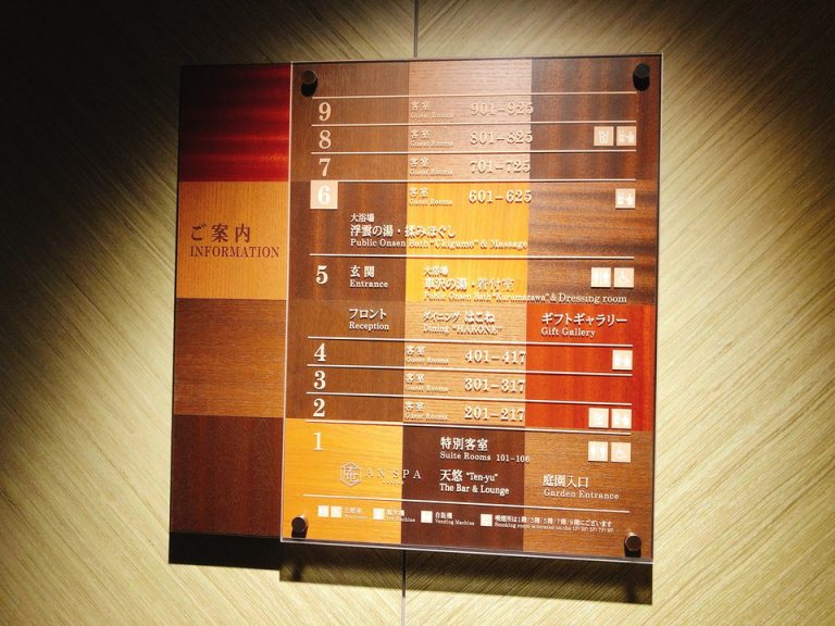 館内案内。館内全体が木のモチーフ