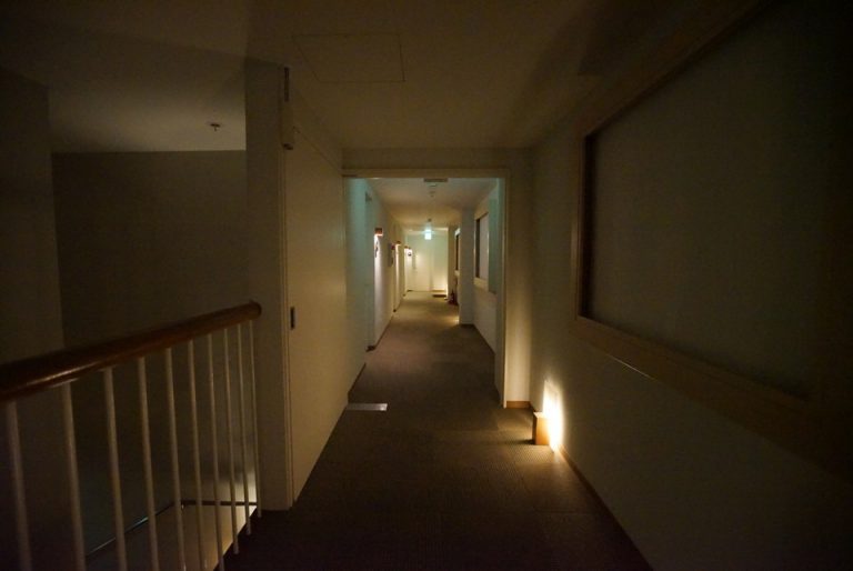 客室廊下全体。夜は薄暗いです。