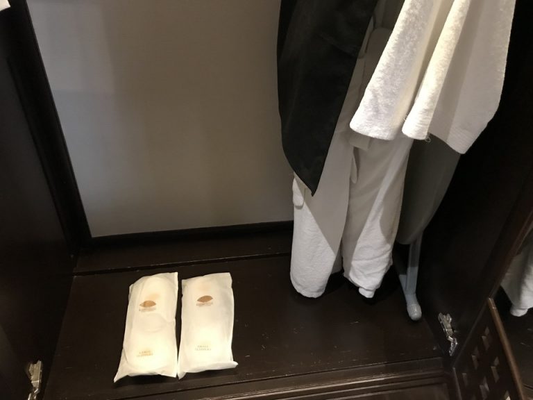 クローゼットを開けた状態です。扉内側に全身鏡、バスロープ、アイロン、アイロン台、使い捨てスリッパ、予備の枕一つがあります。