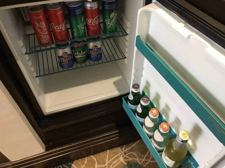 冷蔵庫の開けた状態です。ソフトドリンクやビールなど、冷蔵庫の中は全て有料です。