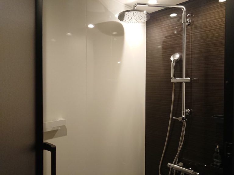 シャワーブースはコンパクトですが、レインシャワーとハンドシャワーがありました