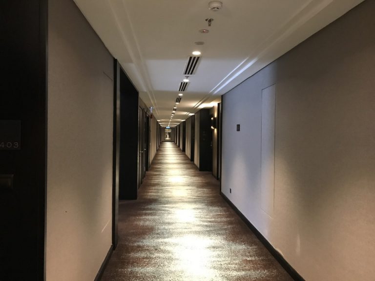 客室階廊下全体です。茶色を基調とした落ち着いた雰囲気です。JPG