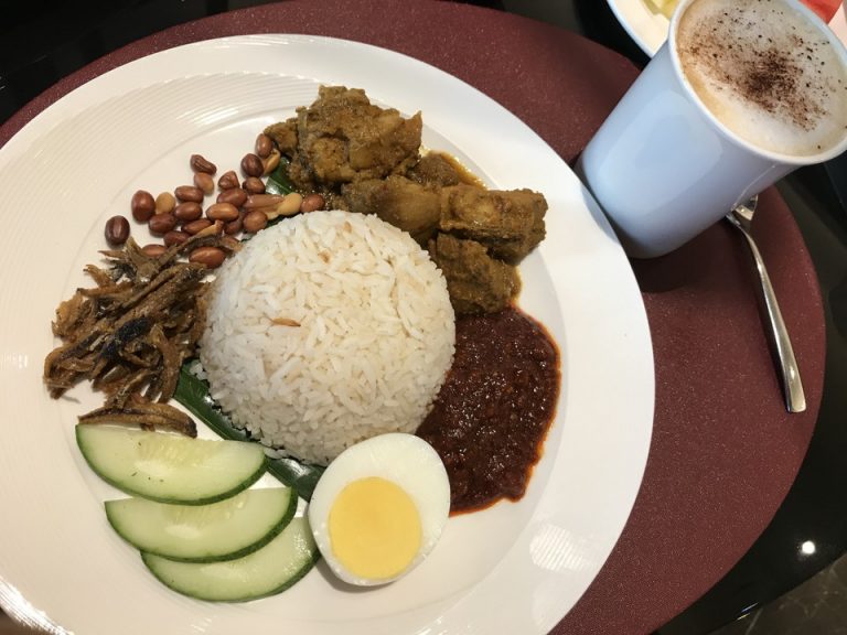 こちらはマレーシアの典型的な伝統的な朝ごはん、ナシレマです。ご飯に味付けした小魚と辛いサンバルソース、ビーフルンダン(煮込み)とゆで卵、ピーナツときゅうり、という典型的な組み合わせです。サンバルソースは辛いので、現地の味を試してみたい方におすすめです。