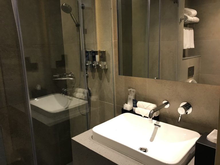バスルーム入口から全景です。洗面台、シャワールーム、トイレが一緒のタイプです。