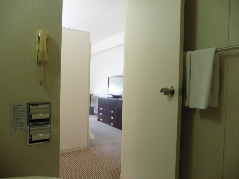 部屋に向かって扉がありますが、衝立で目隠しできています