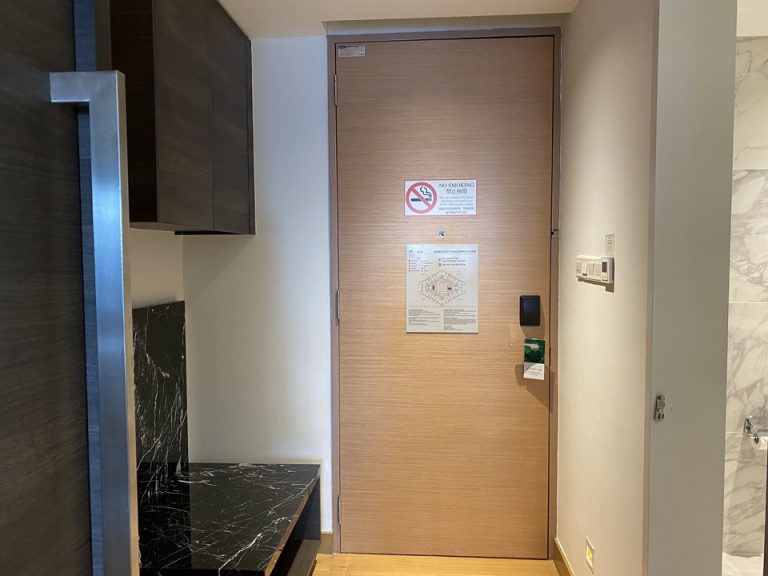 客室入り口のドアの内観です。入って直ぐに荷物置き場、靴入れがあります。