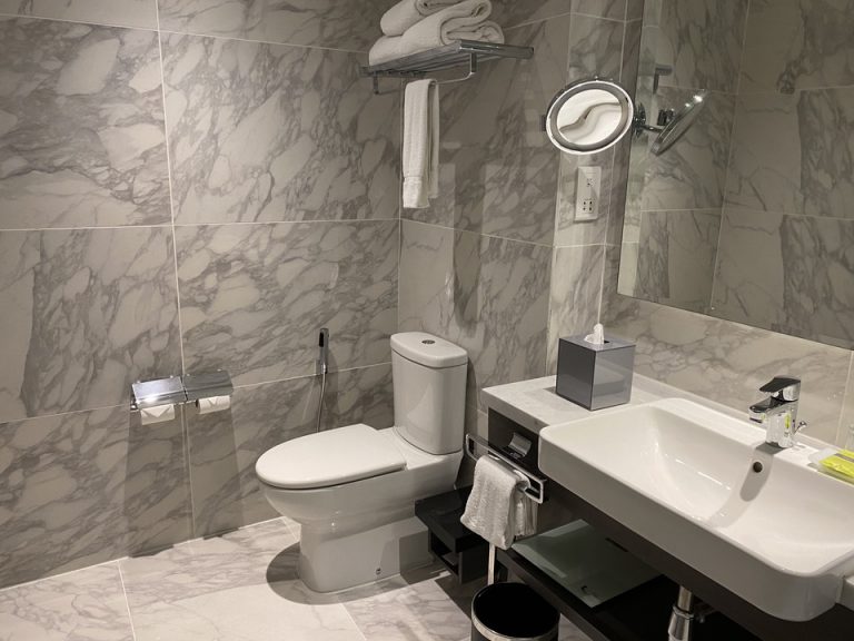 トイレです。ウォシュレットは付いていませんでした。トイレ側に棚があるのは便利だと思います。(2)