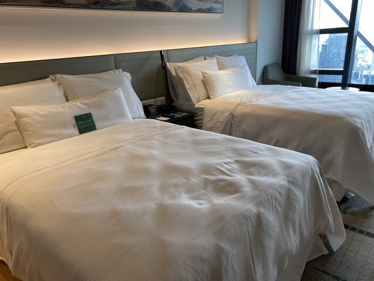 ベッド全体を見たところです。ダブルサイズで枕は大きさ固さが同じもの4つと、細くて薄いものが1つでした。