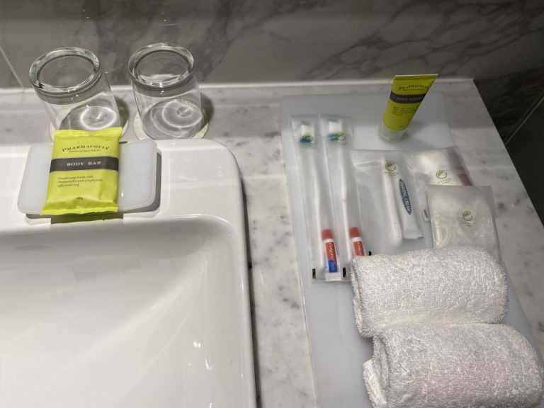 アメニティは石鹸、ボディクリーム、歯ブラシセット、シェービングセット、コットンと爪やすり、シャワーキャップがありました。黄色いパッケージの石鹸とボディーローションは、PHARMACIPIAというアメリカのブランドで、日本の某ラグジュアリーホテルでも採用されているものでした。とても良い香りで気に入りました。