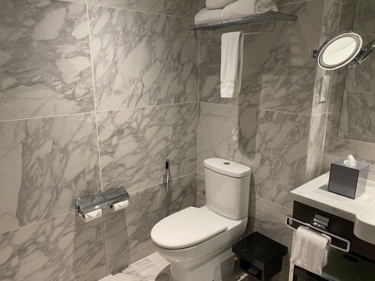 トイレです。ウォシュレットは付いていませんでした。トイレ側に棚があるのは便利だと思います。(1)