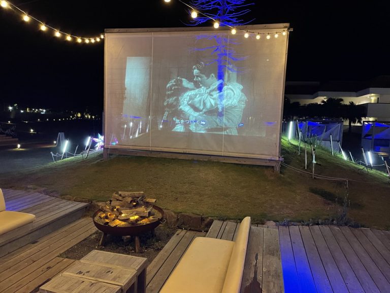 夜の庭はライトアップされている