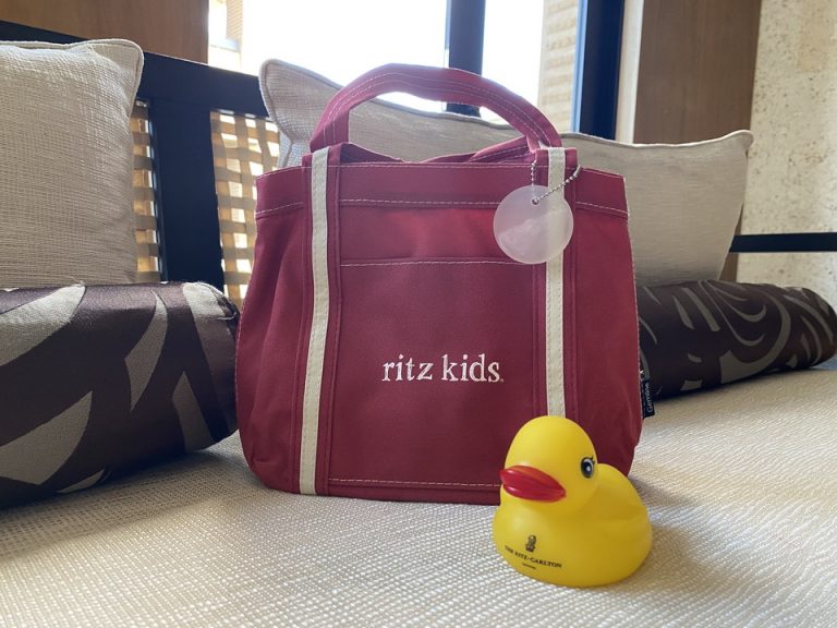 ホテルから子どもに、可愛いバッグとアヒルのプレゼントをいただきました。