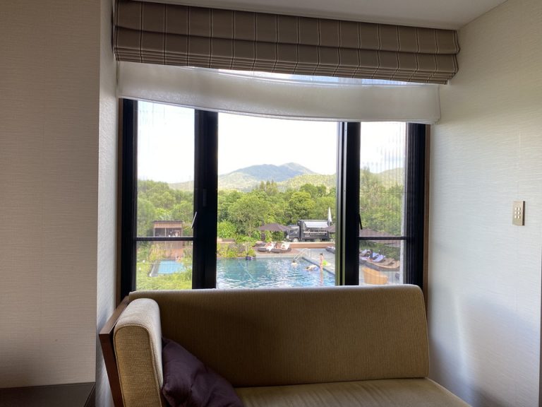 部屋の窓から海外リゾートのようなアウトドアプールが見えます。