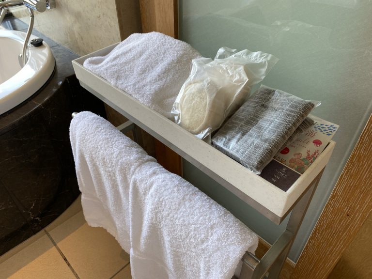 バスタブの横には、ボディスポンジや入浴剤などが置かれています。