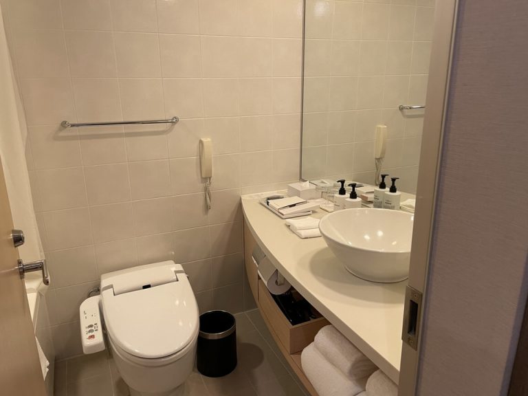 ドア付近から見たバスルーム内・トイレ、洗面台