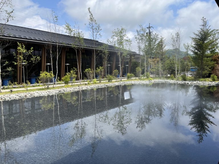 中庭の大きな池にはミストが